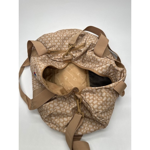 Champion Duffle Bag Beige Allover Print Logo Gym Travel Carry On - Picture 8 of 10